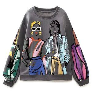 Ladies Graphic Sweatshirt with Colorful Characters